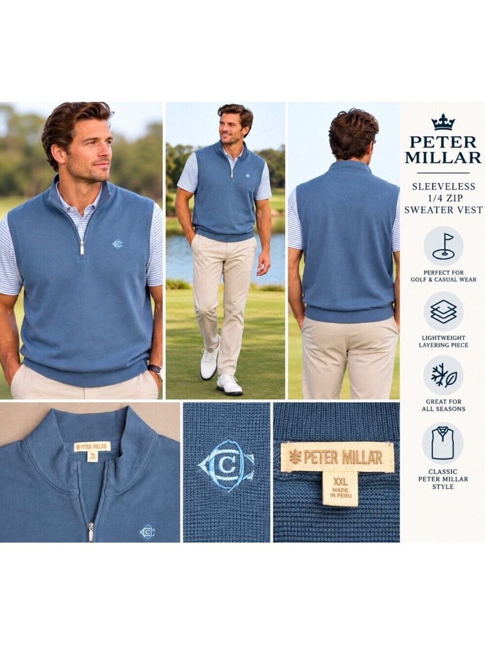 Peter Millar Men’s XXL Blue 1/4 Zip Sleeveless Golf Sweater Vest Pullover